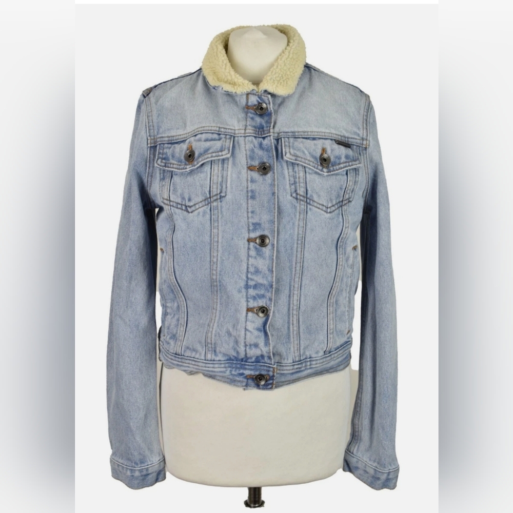 Superdry Sherpa Lined Denim Blue Cotton Trucker Jacket. Size: 8.